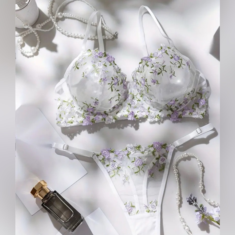Gigi Angelic White & Purple Flower Lace Mesh See-Through Bra + Panty Thong Set